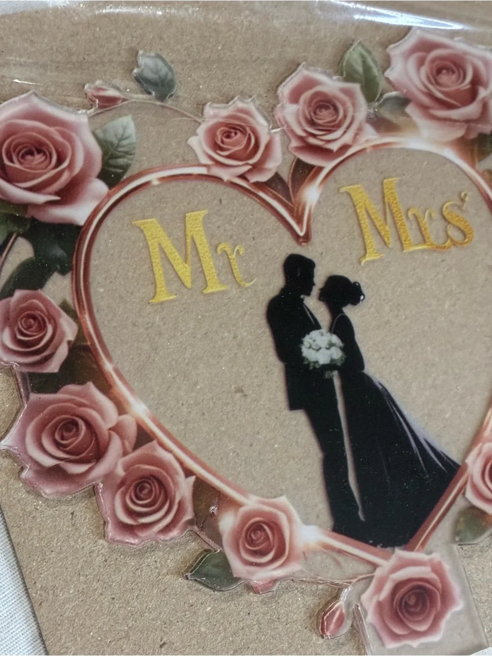 Mr & Mrs Heart Wedding Cake Topper - Pink Rose Design